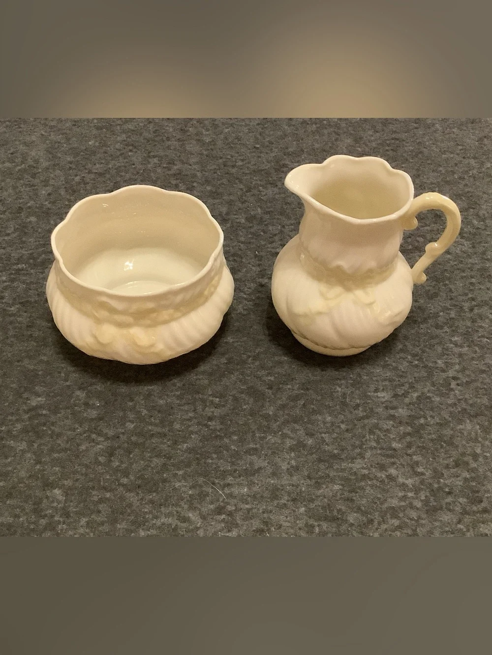Vintage Belleek Ribbon & Bow Creamer and Open Sugar Bowl Set
